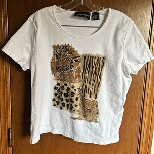 Requirements White and Brown Graphic Short Sleeve Top